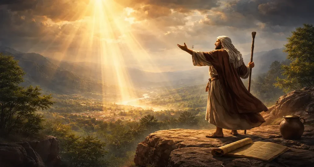 An atmospheric scene featuring ancient symbols of divine message—an open scroll glowing with soft light, an oil lamp flickering beside it, and a vast landscape fading into the horizon—evoking the mystery, weight, and sacredness of prophecy.