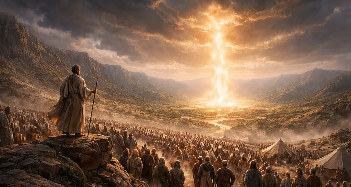 A vast crowd of Israelites stands in the wilderness as Moses looks out from a rocky ledge, watching a towering pillar of fire rise into the sky across a wide valley surrounded by rugged mountains.