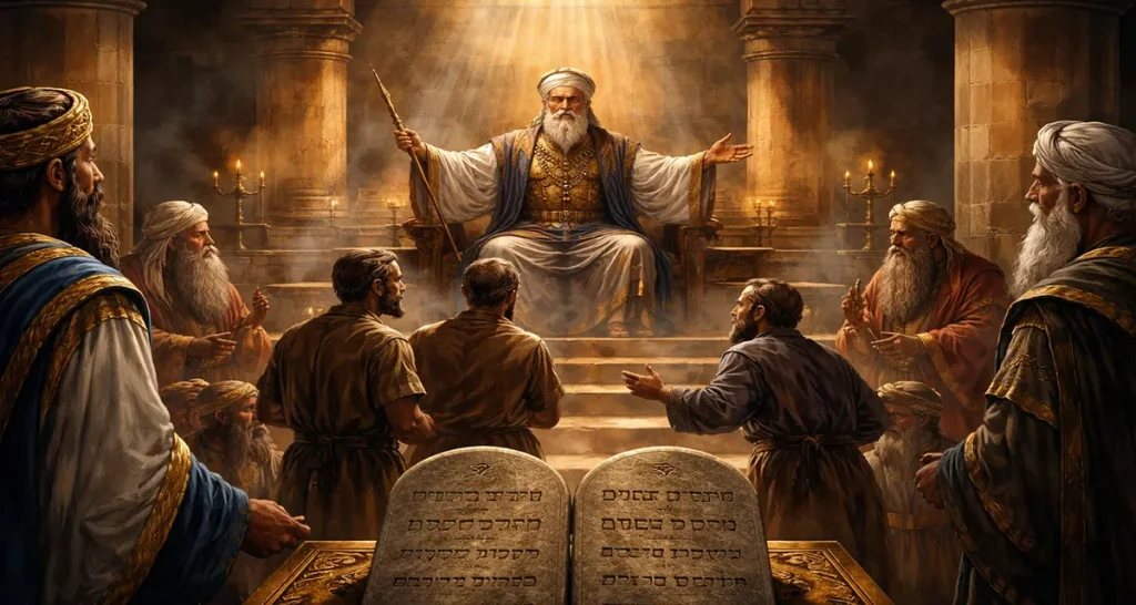 Ancient Israelite courtroom scene beneath a beam of divine light, depicting Elohim as the ultimate source of authority—an elder judge seated in solemn dignity while leaders and disputing men stand before him, symbolizing delegated justice flowing from God to earthly rulers.