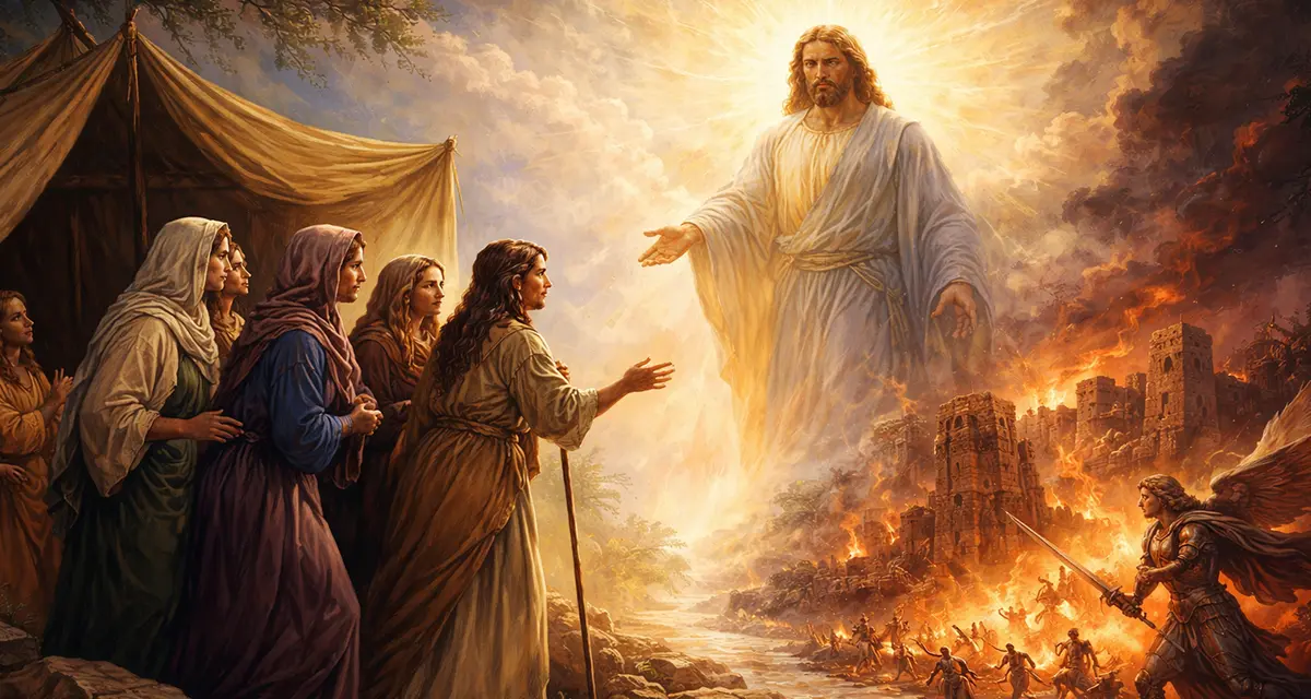 Biblical scene showing the Image of God and Divine Justice, with a radiant divine figure, the daughters of Zelophehad approaching in light, and a burning Canaanite city with advancing warriors, highlighting both God’s mercy to the vulnerable and His judgment on evil.
