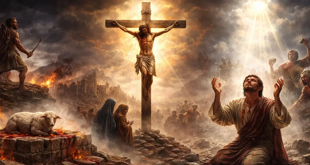 A biblical scene showing a slain lamb with blood on the altar, Jesus on the cross with blood on His body, and a wounded martyr kneeling in prayer as light breaks through the smoky landscape.