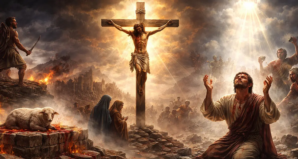 A biblical scene showing a slain lamb with blood on the altar, Jesus on the cross with blood on His body, and a wounded martyr kneeling in prayer as light breaks through the smoky landscape.