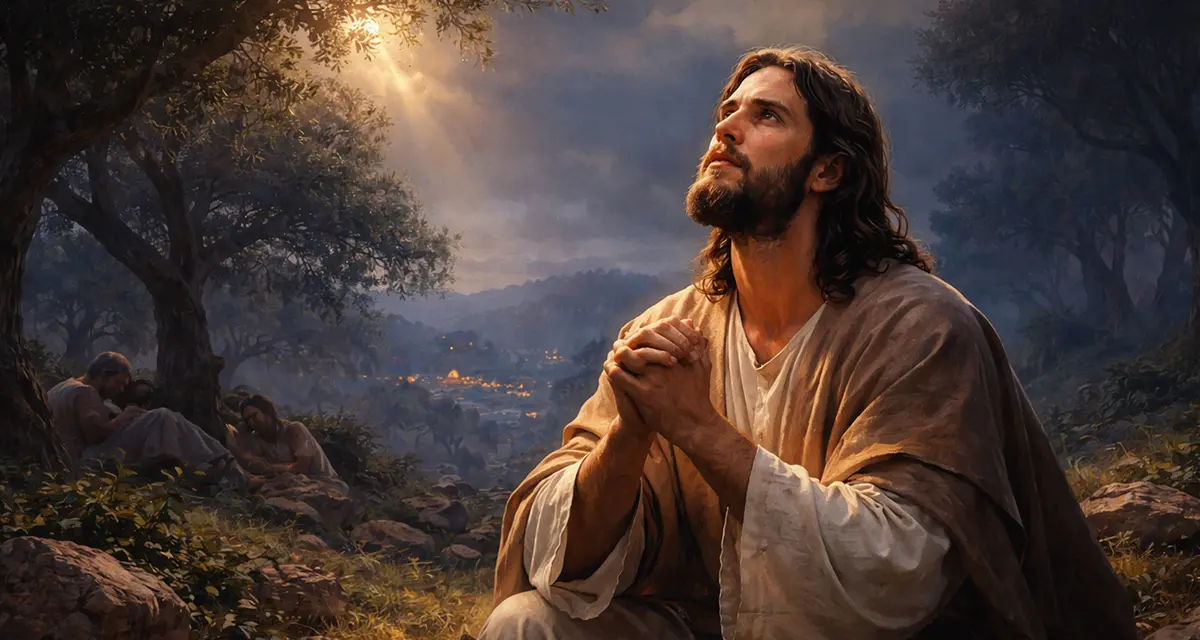 Jesus kneeling in the Garden of Gethsemane at twilight, hands clasped in prayer under a beam of light, embodying surrender, trust, and unwavering faith in the Father’s will while the disciples rest in the background.