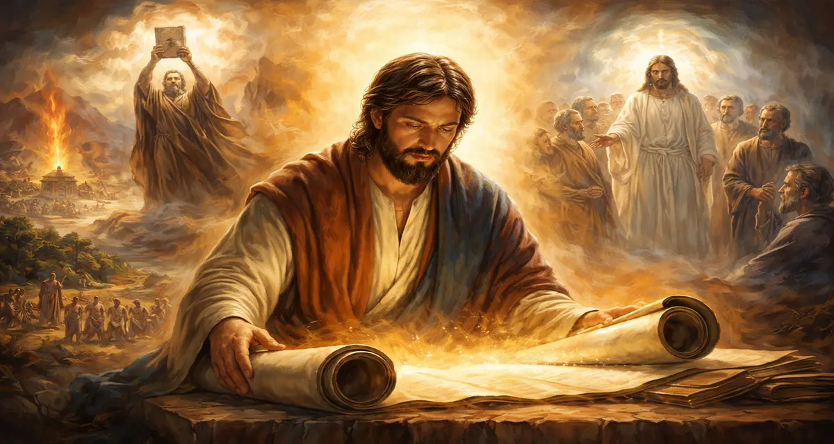 A radiant biblical scene showing a man studying an illuminated scroll, with Moses receiving the tablets at Sinai and Jesus teaching His followers in the background, symbolizing faith and testimony across generations.