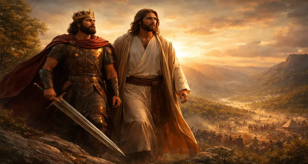 A cinematic image of King David in bronze armor and a red cloak standing beside Jesus in simple robes on a rocky hill at sunset, both overlooking a distant valley filled with soldiers and tents, symbolizing spiritual and earthly warfare.