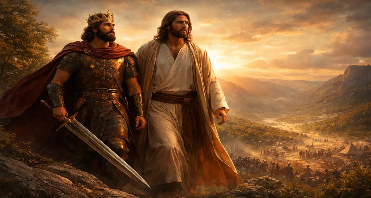 A cinematic image of King David in bronze armor and a red cloak standing beside Jesus in simple robes on a rocky hill at sunset, both overlooking a distant valley filled with soldiers and tents, symbolizing spiritual and earthly warfare.