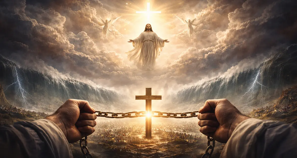 Dramatic scene of Christ above storm clouds with a glowing cross and broken chains below, symbolizing God’s sovereignty over creation and human destiny.