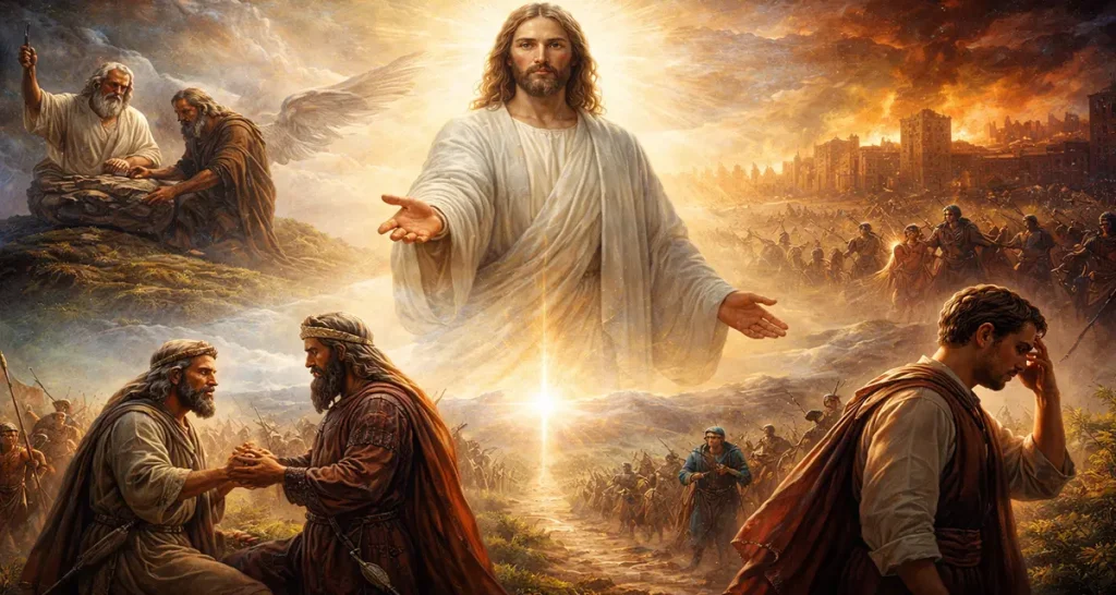 Here’s a shorter version with the heart included: Alt text: A radiant Christ stands at the center extending mercy, with Abraham, Moses, the rich young ruler, and scenes of grace and judgment surrounding Him—symbolizing how God reveals the heart.