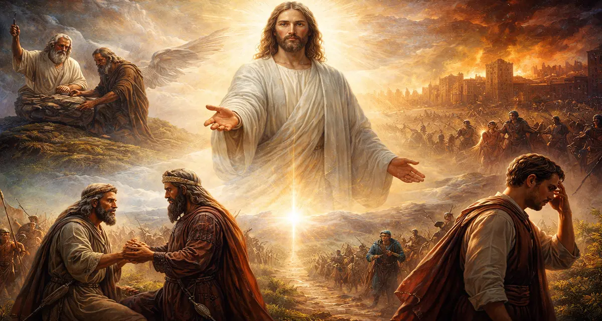 Here’s a shorter version with the heart included: Alt text: A radiant Christ stands at the center extending mercy, with Abraham, Moses, the rich young ruler, and scenes of grace and judgment surrounding Him—symbolizing how God reveals the heart.