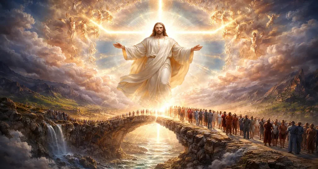 A radiant depiction of the incarnation, showing Jesus emerging in glowing human form at the center of creation, standing above a stone bridge filled with people and surrounded by angels in bright heavenly light, symbolizing God entering creation to unite heaven and earth.