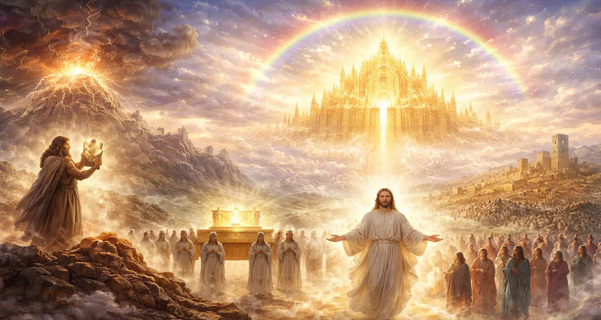 A sweeping biblical scene showing Moses holding the glowing stone tablets on Mount Sinai while Jesus stands radiant among His followers; Levites carry the ark in the center, and the New Jerusalem descends in brilliant golden light above, symbolizing God’s presence moving from Sinai to Christ, the Church, and the eternal city.