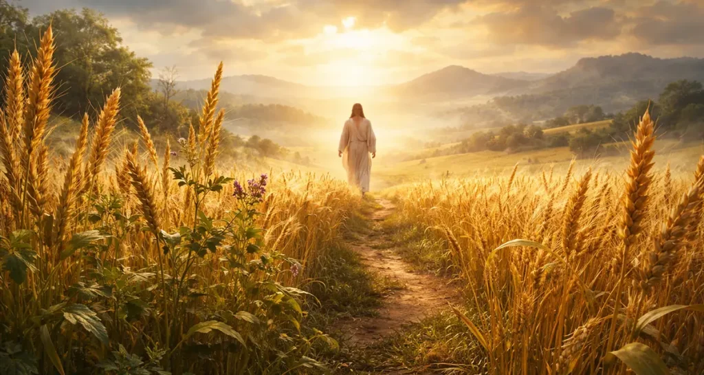 A serene wheat field at sunset with golden wheat and scattered green weeds growing side by side along a narrow dirt path, where a robed figure walks toward the glowing horizon, symbolizing the journey of becoming as wheat and tares mature together under God’s light.
