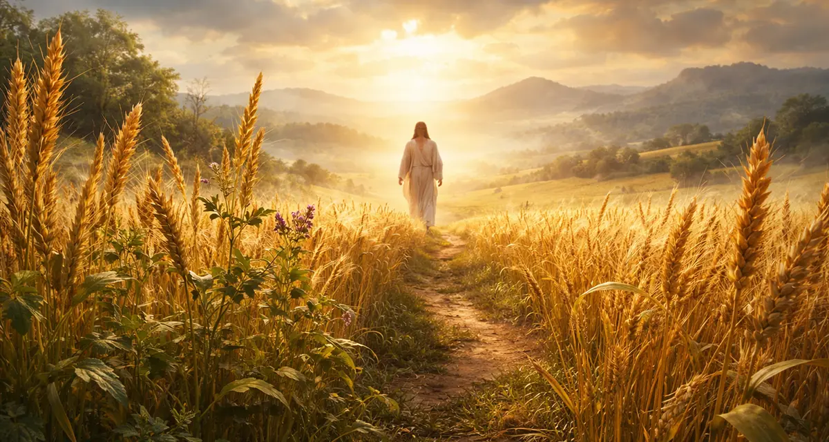 A serene wheat field at sunset with golden wheat and scattered green weeds growing side by side along a narrow dirt path, where a robed figure walks toward the glowing horizon, symbolizing the journey of becoming as wheat and tares mature together under God’s light.