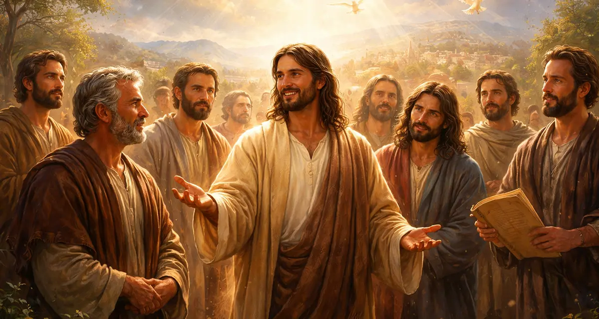 A warm, radiant scene of Jesus standing among His disciples outdoors, teaching them with open hands as golden light shines down, symbolizing their unique kingdom purpose and the diverse callings He forms within each follower.
