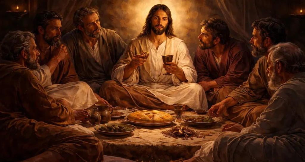 Jesus sits at the center of a low, floor-level Passover setting, surrounded by His disciples reclining on cushions, holding the bread and cup with calm authority, His quiet strength steadying a tense and intimate moment.