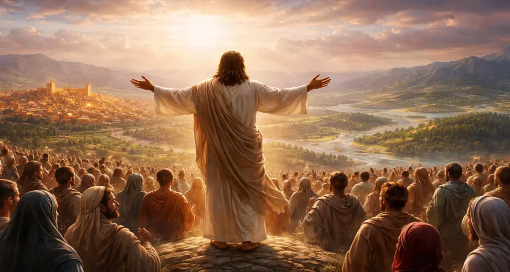 A semi-realistic digital painting of Jesus standing on a hill with open arms, bathed in golden light, overlooking a vast crowd of people from many backgrounds and a wide landscape, symbolizing God’s love reaching out to the whole world.