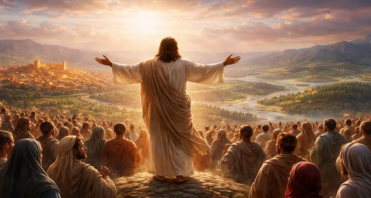 A semi-realistic digital painting of Jesus standing on a hill with open arms, bathed in golden light, overlooking a vast crowd of people from many backgrounds and a wide landscape, symbolizing God’s love reaching out to the whole world.