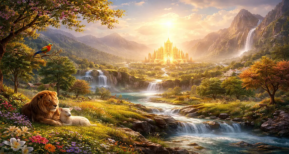 A radiant restored earth scene with lush valleys, flowing rivers, peaceful animals, and a golden city glowing under a warm sunrise, symbolizing God’s renewed creation filled with harmony and life.
