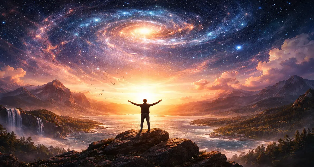 Silhouette of a person standing on a rocky hill at sunrise, arms lifted toward a sky filled with swirling stars and galaxies, symbolizing the call to join creation in worship: “If Creation Worships, So Will We.”