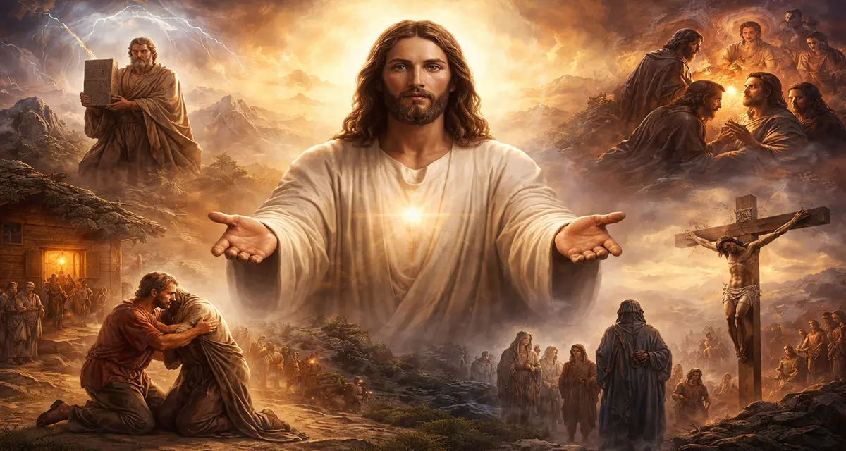 A radiant figure of Jesus stands with open arms, light glowing from His heart, surrounded by scenes of repentance, wilderness wandering, and the cross, symbolizing God’s unwavering love and invitation to return to Him.