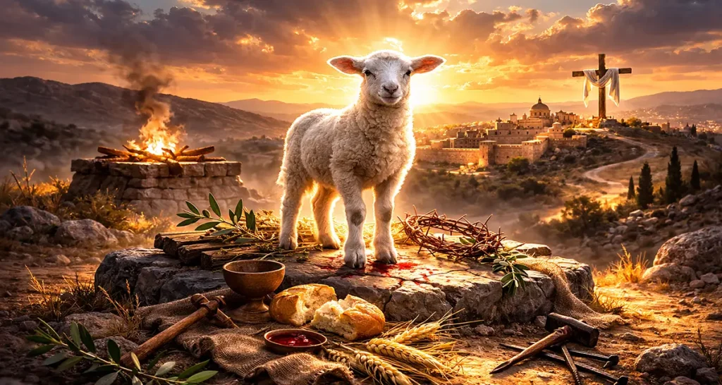 An unblemished white lamb standing on a sunlit stone surface at dawn, surrounded by symbolic elements of sacrifice such as a crown of thorns, nails, bread, and a chalice, with a distant cross on a hill and an ancient city glowing under a golden sky.