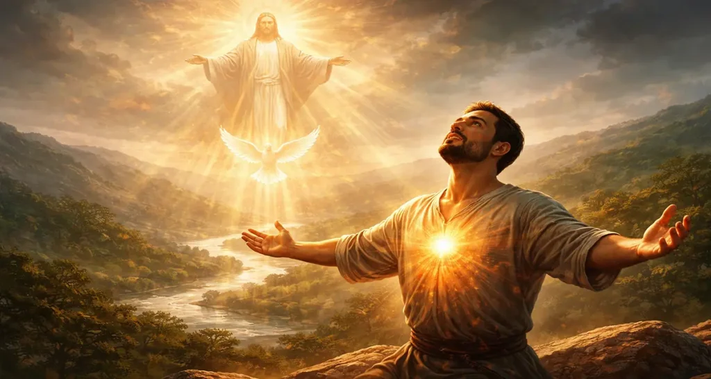 A man kneels on a sunlit hillside with a glowing heart, reaching toward a radiant Christ in the sky as a dove hovers between them, symbolizing union with Christ.