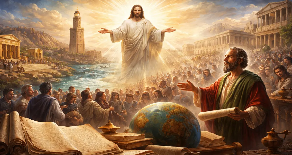 Majestic scene portraying divine orchestration across history, with Christ radiating light over Paul, ancient scrolls, global nations, and symbolic cities, illustrating God guiding languages, empires, and peoples toward redemption.