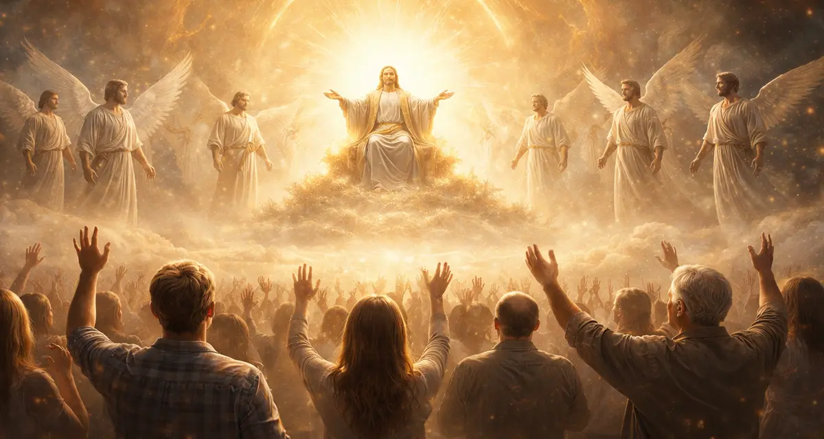 A radiant heavenly scene with God enthroned in glory, surrounded by angels and worshippers lifting their hands in awe, capturing the truth that God is worthy above all.