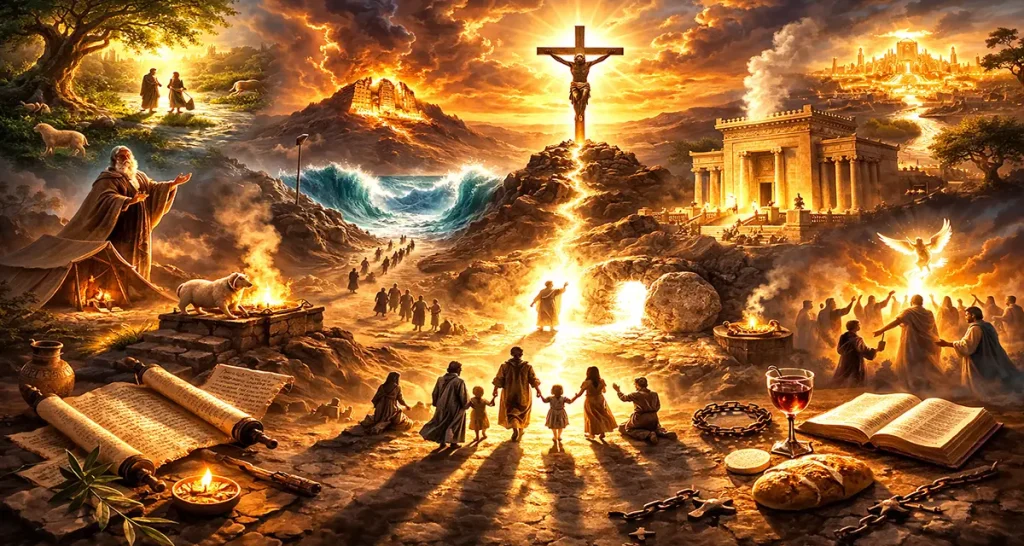 Panoramic illustration symbolizing the unity of the Bible, showing the unfolding redemptive story from creation through the Law and Temple to the cross and resurrection, with a radiant path of divine light connecting the scenes into one continuous narrative.