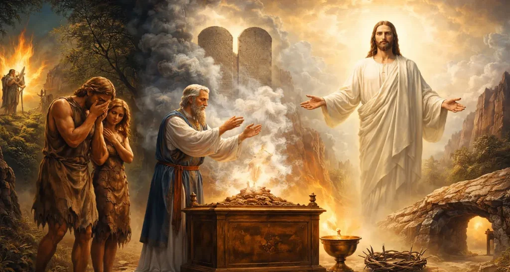 Illustration depicting the biblical journey from the Law to the New Covenant: Adam and Eve standing in sorrow outside Eden, a priest offering a sacrifice before the stone tablets of the Law amid rising smoke, and Jesus standing in radiant light near the empty tomb, symbolizing the transition from blessings and curses under the Law to redemption and new life through the New Covenant.