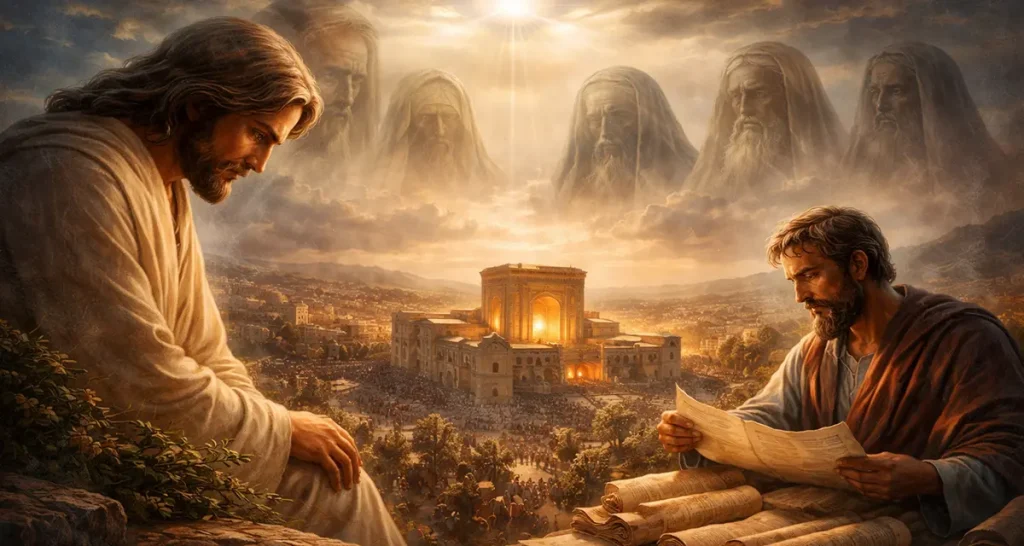 A dramatic biblical scene depicting Israel’s Blindness and Divine Sovereignty, with Jesus sorrowfully overlooking Jerusalem, Paul studying scrolls in the foreground, the Temple glowing in golden light, and shadowed religious leaders appearing above beneath a radiant beam from heaven.