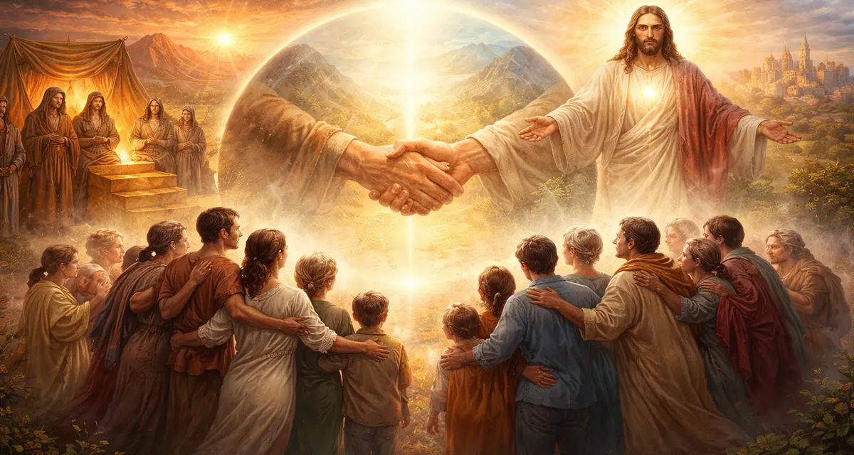 Painting contrasting ancient communal covenant life with the modern struggle of individualism, showing an Israelite family on one side, Jesus extending His arms on the other, and diverse people gathered together beneath a radiant handshake symbolizing covenant unity and redeemed belonging.