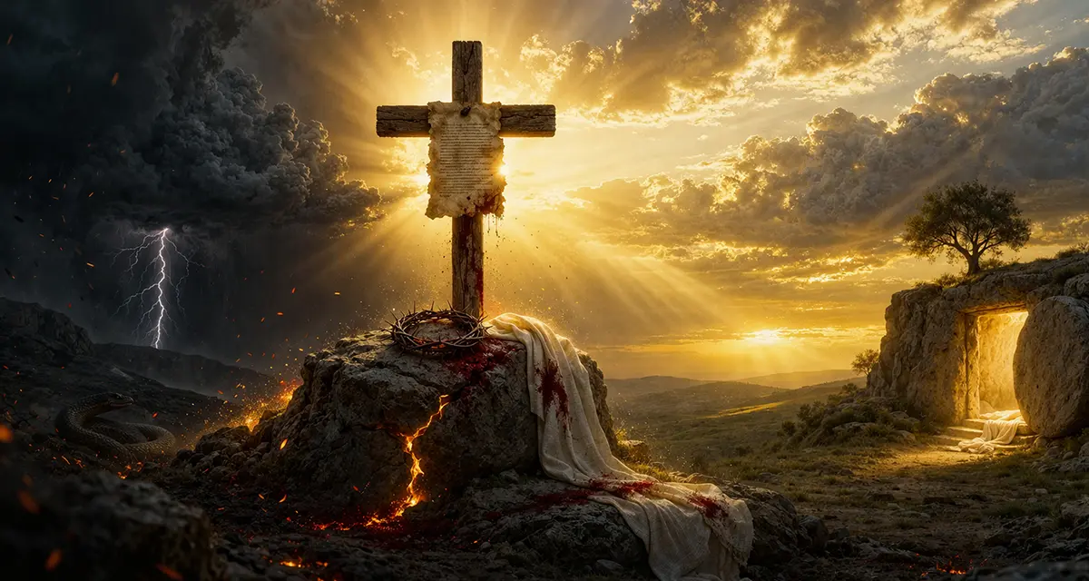 A rugged wooden cross stands atop a rocky hill, stained with blood and illuminated by radiant golden light breaking through dramatic clouds, with a glowing empty tomb in the distance symbolizing resurrection and victory over death.