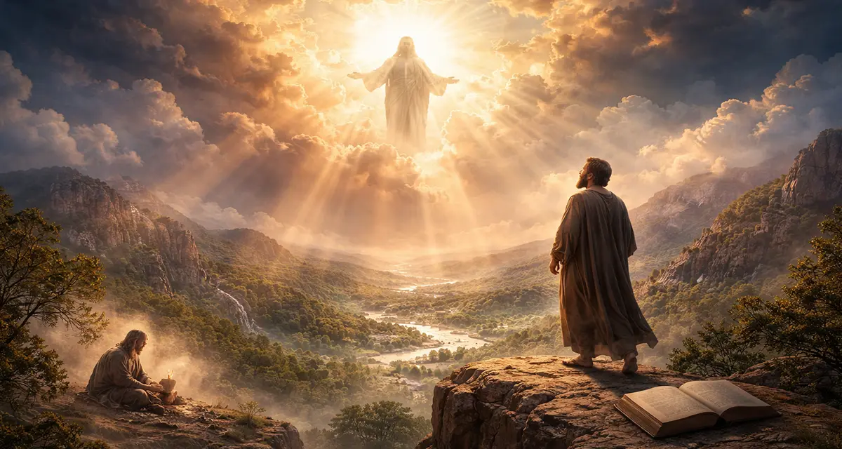 A man standing on a rocky cliff overlooking a vast valley, gazing toward a radiant heavenly figure emerging from luminous clouds, while another figure sits below in quiet reflection—capturing the shift from seeking explanations to gaining divine perspective.