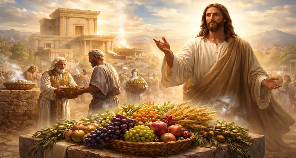 A biblical scene depicting worshipers bringing baskets of firstfruits—grapes, figs, pomegranates, olives, and wheat—to stone altars near the Jerusalem temple, with a priest receiving an offering and Jesus standing to the right in radiant light, symbolizing the fulfillment of the firstfruits theme.
