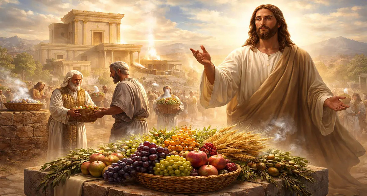 A biblical scene depicting worshipers bringing baskets of firstfruits—grapes, figs, pomegranates, olives, and wheat—to stone altars near the Jerusalem temple, with a priest receiving an offering and Jesus standing to the right in radiant light, symbolizing the fulfillment of the firstfruits theme.