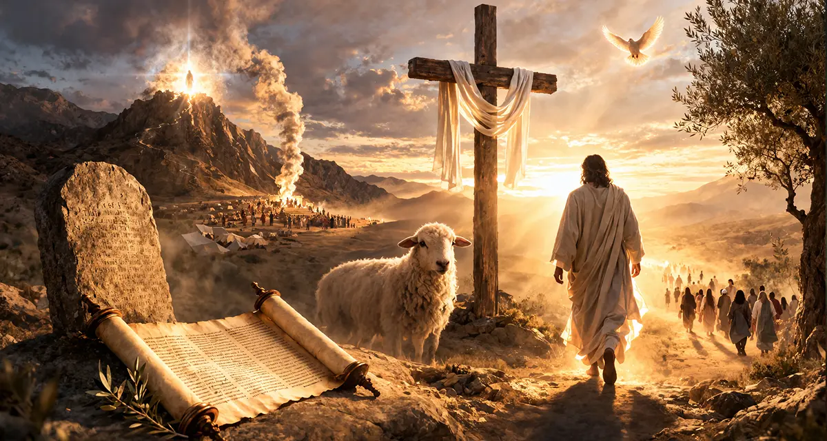 Golden-hour biblical landscape symbolizing Fulfillment in Christ, with the cross illuminated at the center, the Law and sacrificial imagery in the foreground, and Christ walking toward His people—depicting shadows giving way to their true substance.