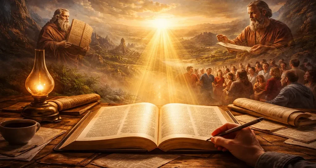 Illustration symbolizing handling Scripture carefully, showing an open Bible illuminated by warm light as a person studies its pages thoughtfully, with biblical figures such as Moses holding the tablets and the apostle Paul writing nearby, representing the careful study and faithful transmission of God’s Word across generations.