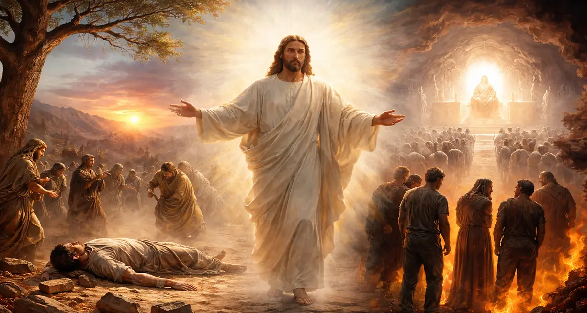 Jesus stands in radiant light between scenes of earthly judgment and final judgment, highlighting the enduring worth and dignity of every human being.