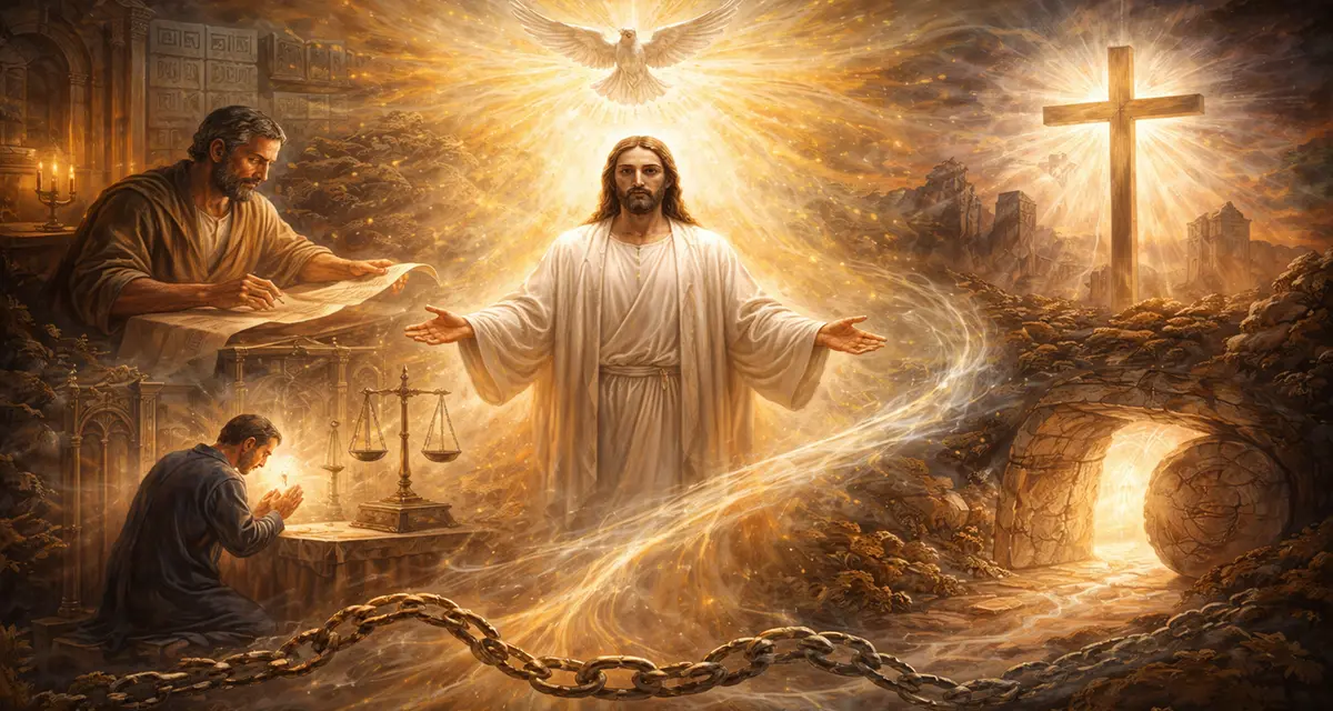 A radiant depiction of Christ at the center, surrounded by scenes of resurrection, intercession, and the indwelling Spirit, visually expressing the assured reality of “εἰ” as “since”—God for us, Christ in us, and life flowing from that unshakable truth.