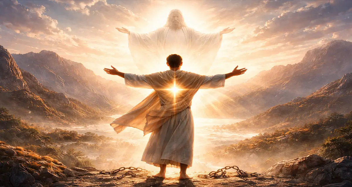 A believer standing on a mountain with arms raised as radiant light shines from within, symbolizing identity in Christ, with broken chains at his feet and a majestic figure of Jesus behind him in the glowing horizon.