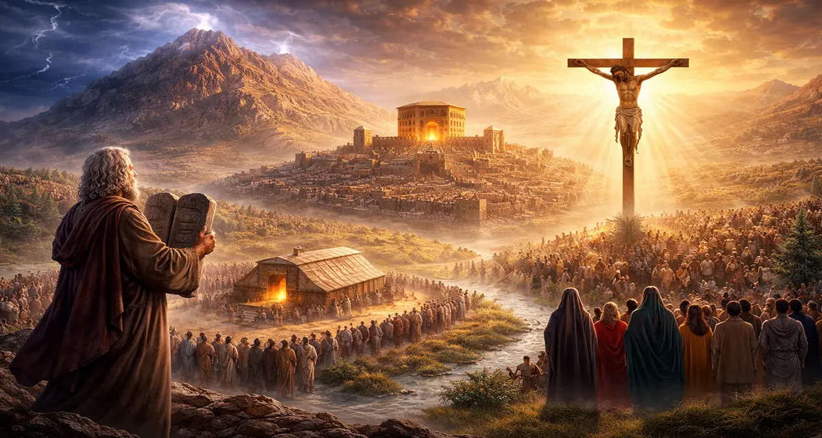 A panoramic biblical scene depicting Israel’s covenant journey, with Moses holding the tablets of the Law overlooking the tabernacle and gathered people, Jerusalem in the distance, and the cross illuminated by radiant light—symbolizing the unfolding of God’s covenant from Sinai to Messiah.