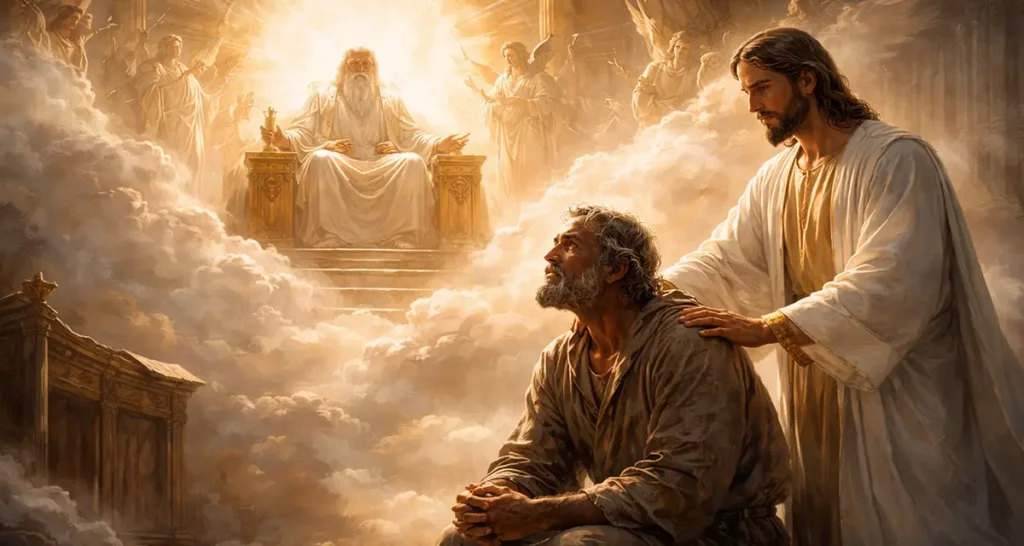 Job sits in a radiant heavenly courtroom, looking upward in awe and humility, while Jesus, the Advocate, stands beside him with a reassuring hand on his shoulder before the glorious throne of God surrounded by light and angels.