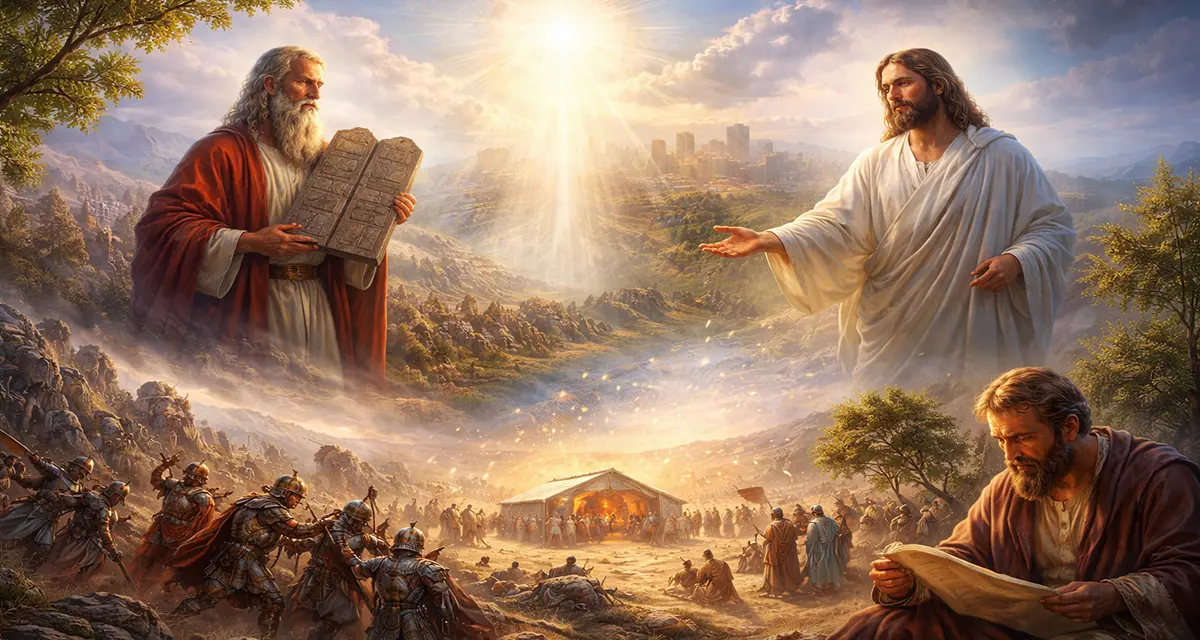 Symbolic biblical scene of Moses in the wilderness with Israel gathered near the tabernacle, victories unfolding in the background, and Jesus illuminated by divine light—representing God revealing Himself through providence and redemption so humanity may know the Lord.