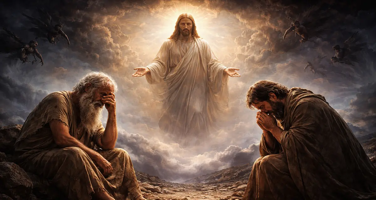 A dramatic scene portraying lament and truth: Job and Jeremiah sitting in deep anguish on rocky ground under dark storm clouds, while Christ stands above them in radiant light, extending His hands in compassion and sustaining presence.