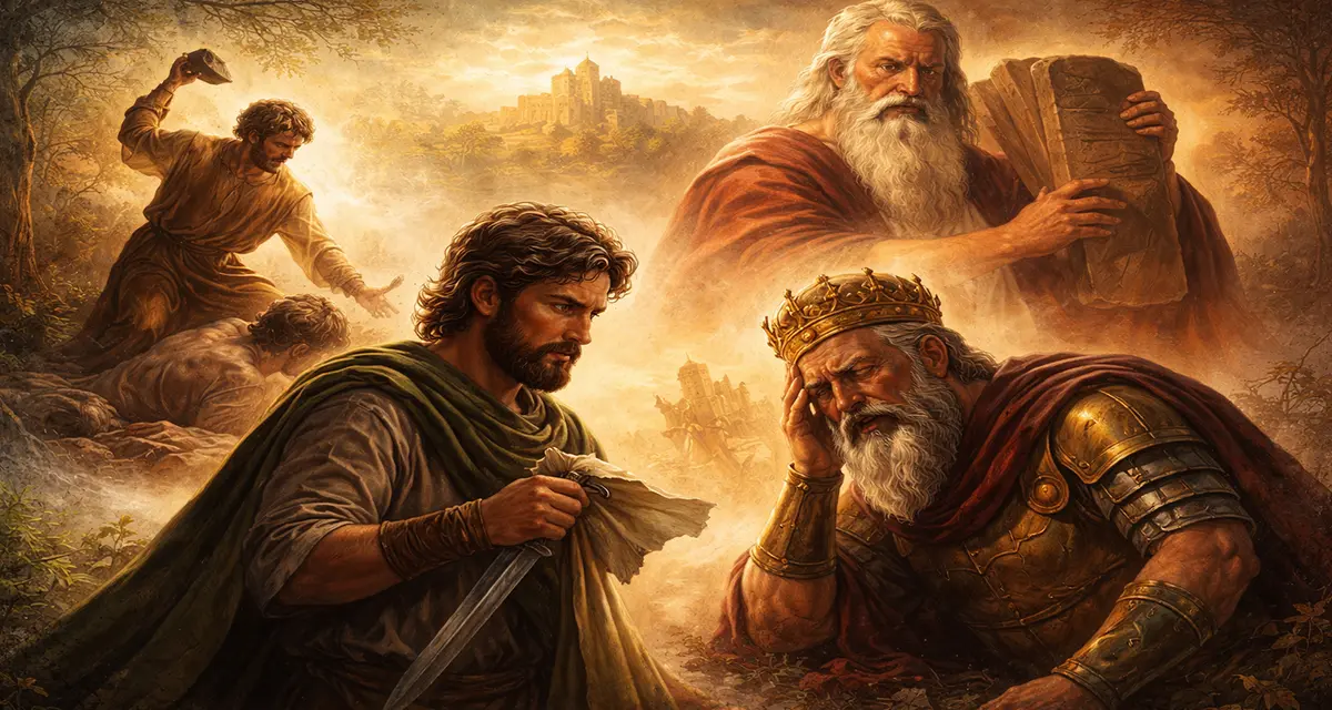 Jesus stands in radiant light between scenes of earthly judgment and final judgment, highlighting the enduring worth and dignity of every human being.