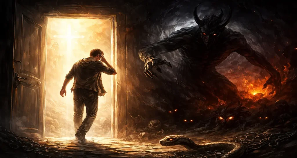 A man stands at an open doorway flooded with radiant light, stepping away while shadowy darkness filled with demonic figures and a serpent looms behind him—symbolizing how sin opens a doorway from light into darkness.
