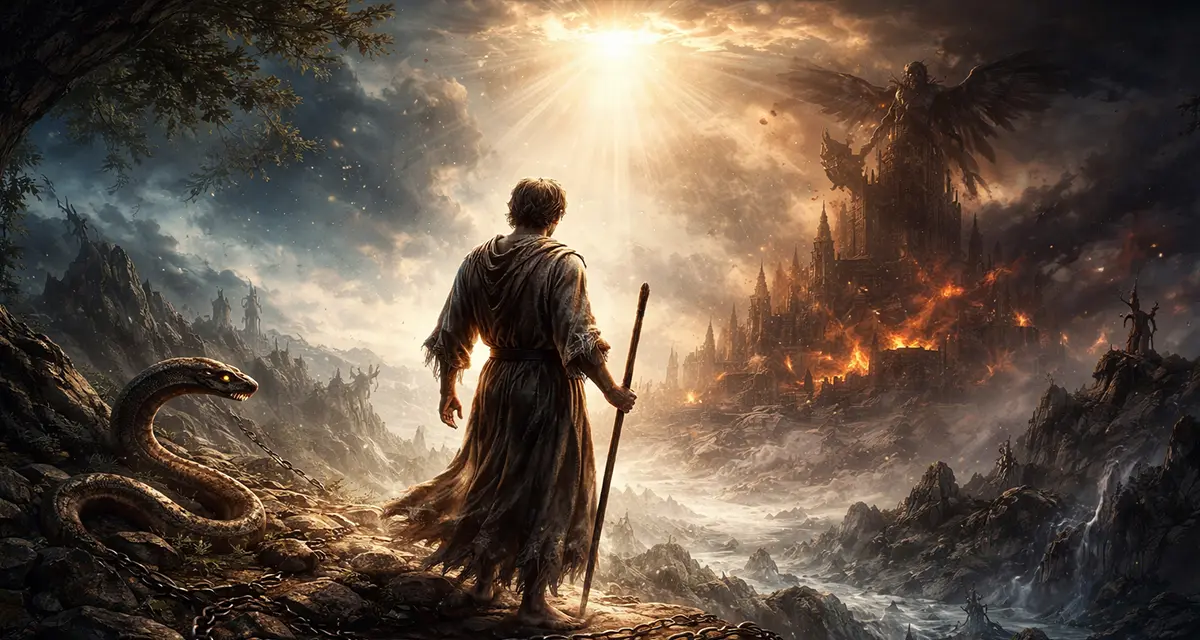 Adam stands on a rocky height between light and darkness, holding a staff as he looks toward a burning city under shadow, while a serpent coils nearby—symbolizing the tension of sin and dominion, where humanity, once given authority, now stands in a fractured world influenced by rebellion yet still under divine light.