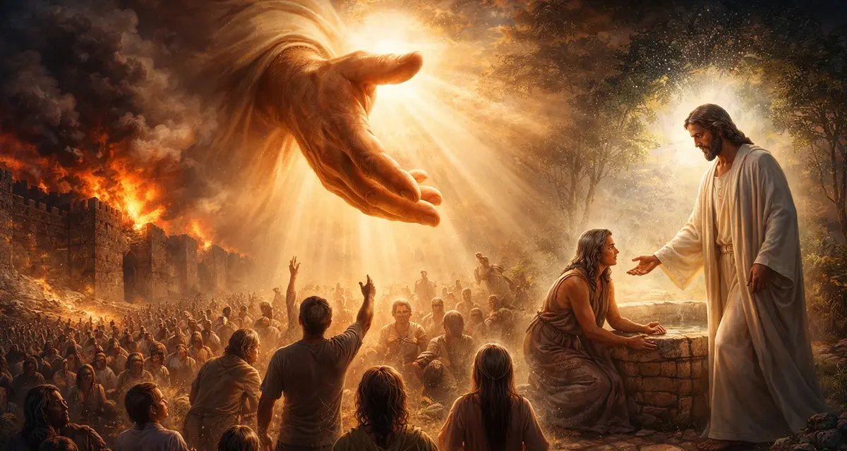 Scene showing God’s sustaining breath symbolized by radiant light flowing from His outstretched hand over a vast crowd, contrasted with a burning city on one side and Jesus gently reaching toward a woman at a well on the other, illustrating divine judgment, mercy, and God upholding every life moment by moment.