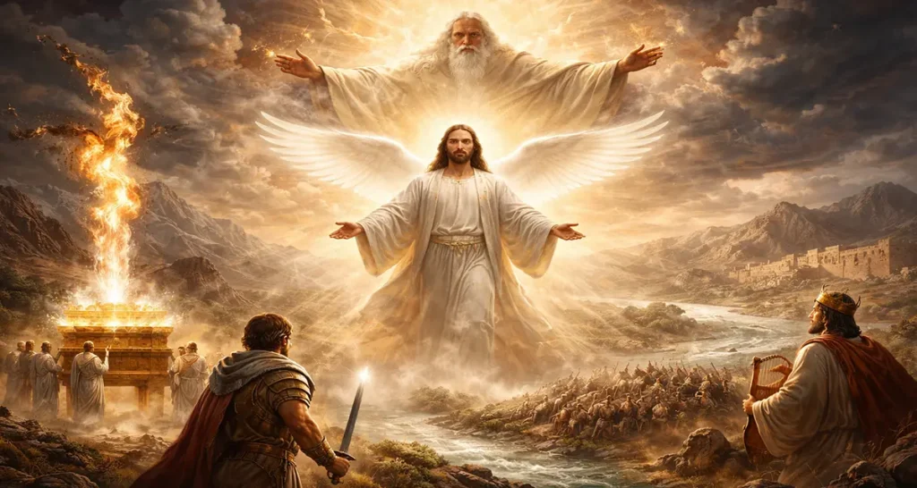 A radiant, symbolic scene showing the unity of God: a central figure representing Jesus surrounded by divine light, a descending dove symbolizing the Holy Spirit, and a majestic fatherly presence above, overlooking a landscape with the Ark of the Covenant, a gathered army near a river, and figures like a warrior and a harpist, all set in a dramatic, golden-lit biblical environment.